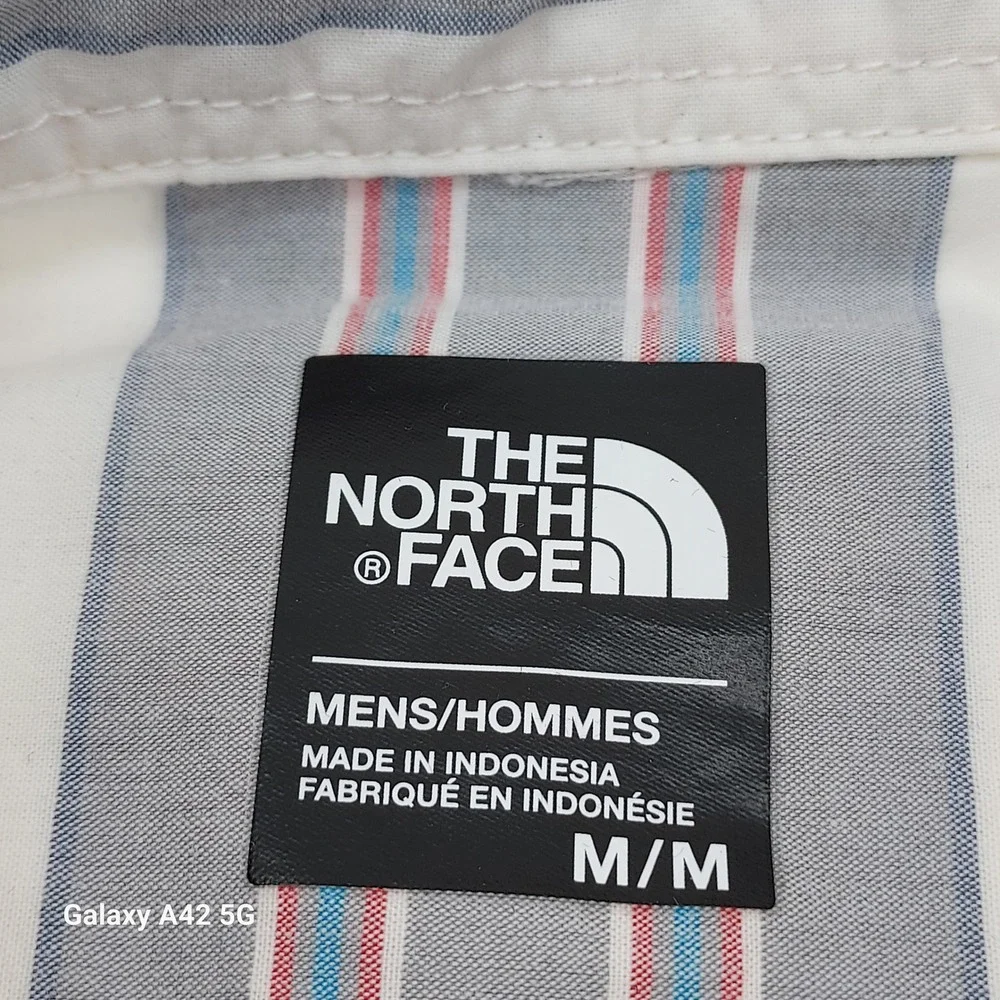 The North Face Mens Medium Striped Short Sleeve Button Down Shirt Grey Red White